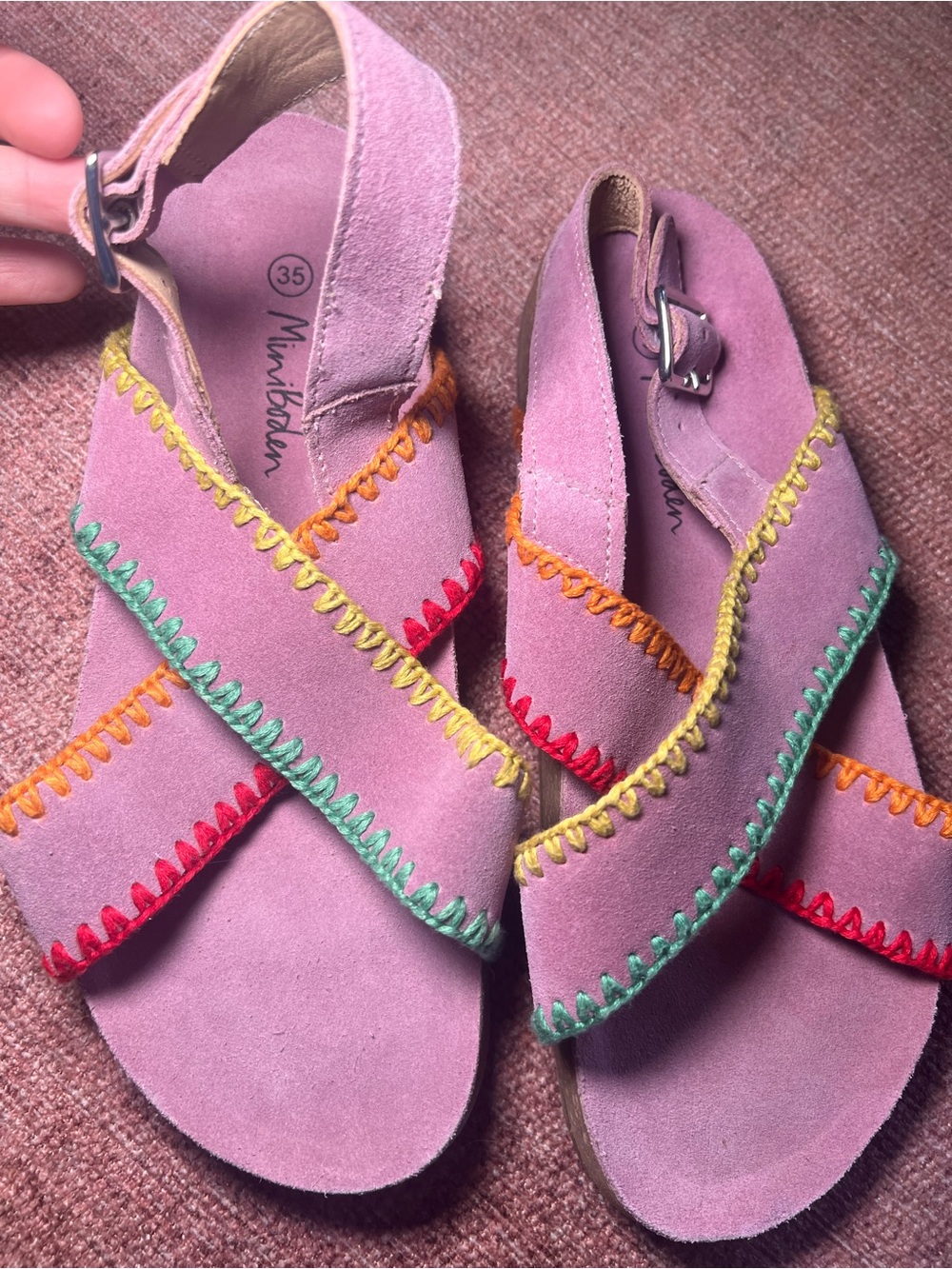 Mini Boden Size 35 4.5 Pink Suede Cross-Strap Sandals with Multicolor Stitching